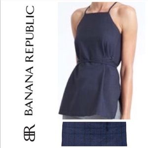 Banana Republic Navy Plaid Halter Tie Top L